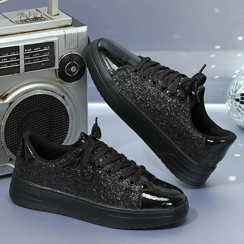 Glitter Sequin Design Flats Shoes Women Trendy Casual Thick-soled Lace-up Sneakers Fashion Skateboard Shoes - Bellarte Enchanté Glitter Sequin Design Flats Shoes Women Trendy Casual Thick-soled Lace-up Sneakers Fashion Skateboard Shoes